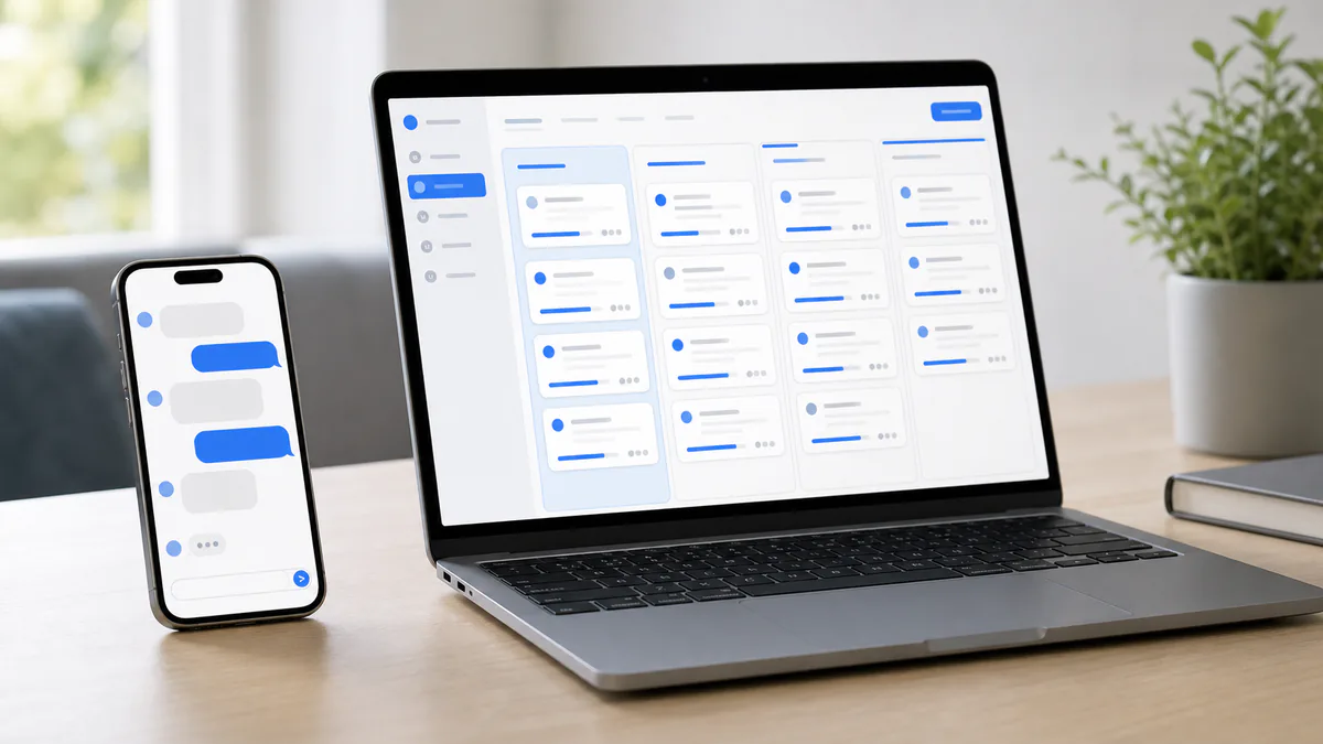 Chatbot and CRM automation interfaces on phone and laptop