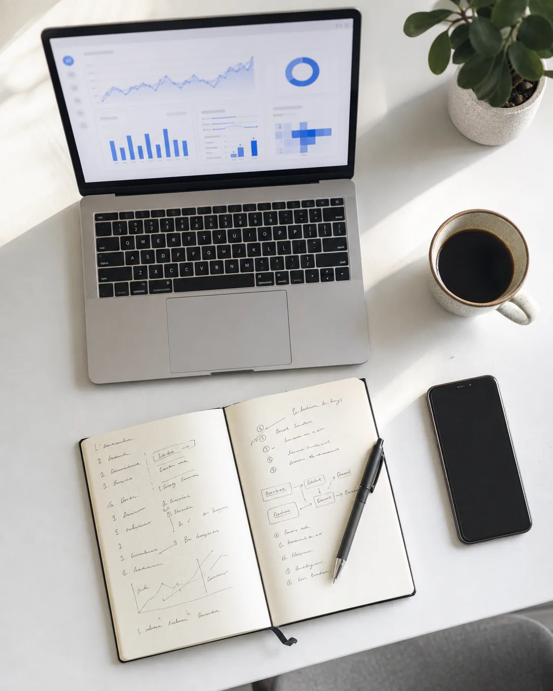 A strategist's desk mid-audit, with campaign notes and a dashboard