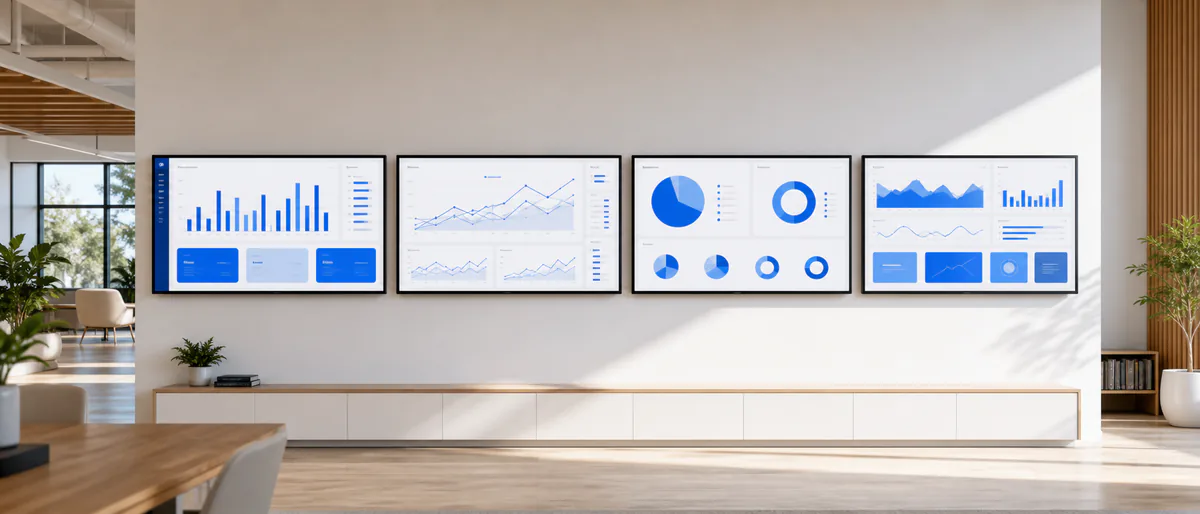 Client analytics dashboards displayed on a wall of screens