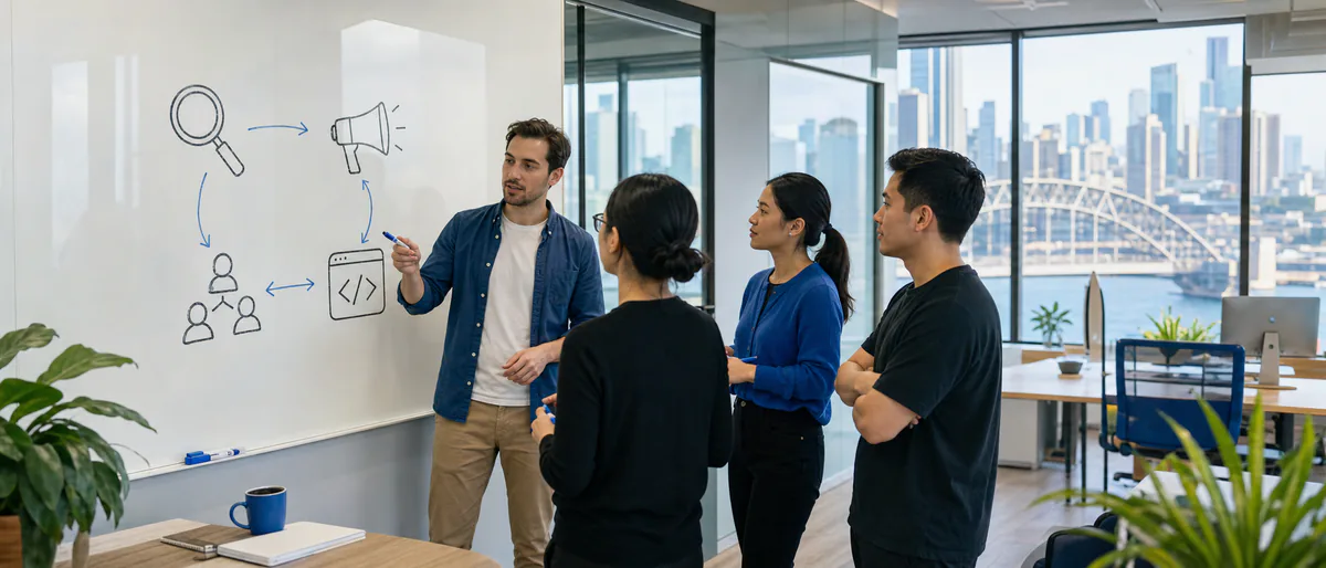 An Elite Marketing strategist mapping a service flow on a whiteboard